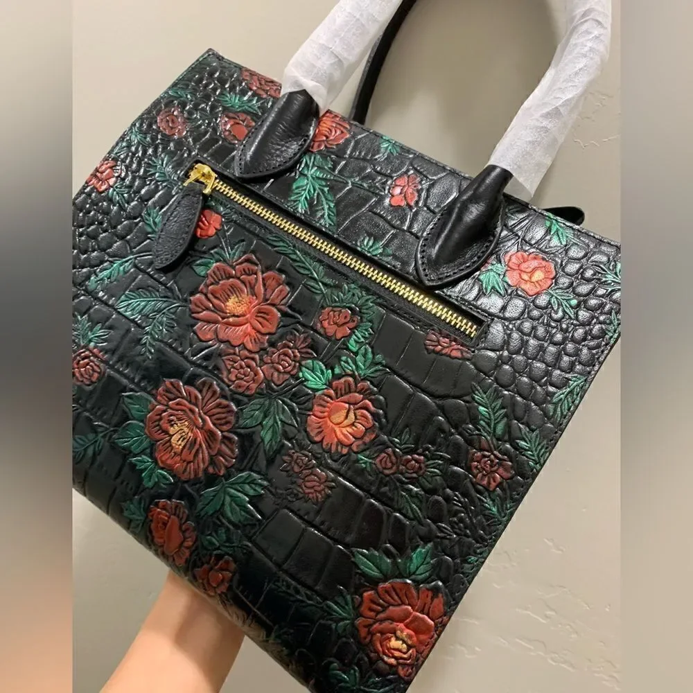 Hand Painted Genuine Leather Floral Embossed with 3D Butterfly Handbag